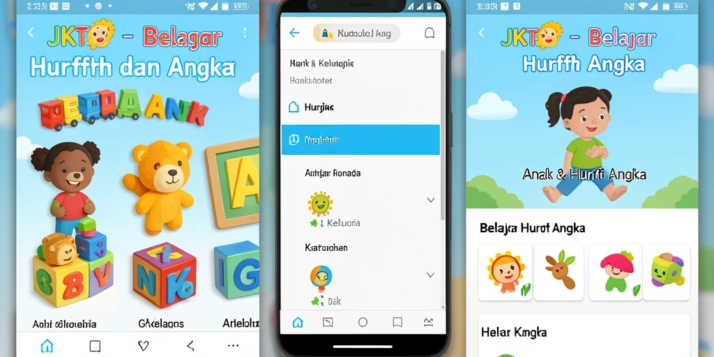 Antarmuka menarik JKT8 untuk belajar huruf dan angka.