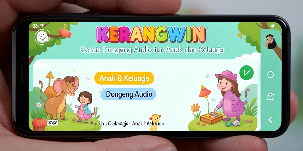 Tampilan antarmuka KERANGWIN dengan berbagai pilihan dongeng audio.
