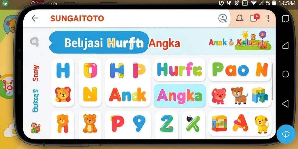 Tampilan menarik dan interaktif dari <strong>SUNGAITOTO</strong> untuk belajar huruf dan angka.